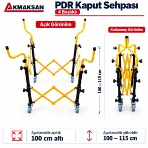 4 başlıklı kaput onarım sehpasının açık ve katlanmış görünümü, 100–115 cm yükseklik ayarı ve 100 cm altı açıklık